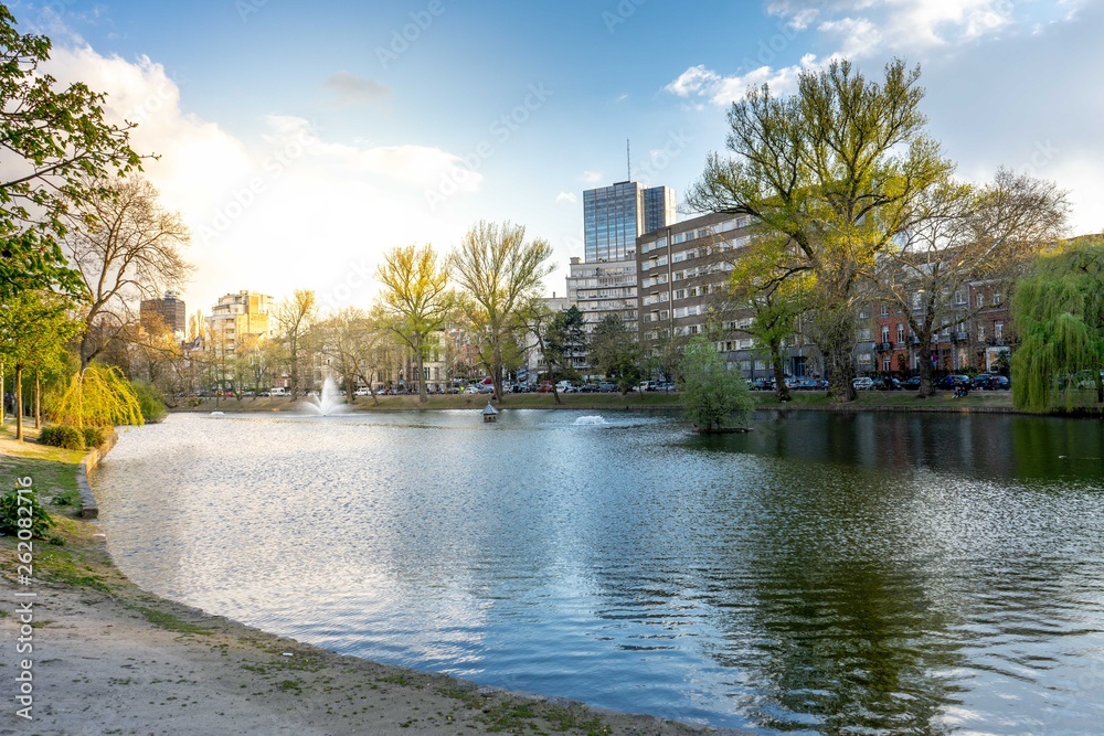 Soleil qui se couche près d'un étang à Bruxelles