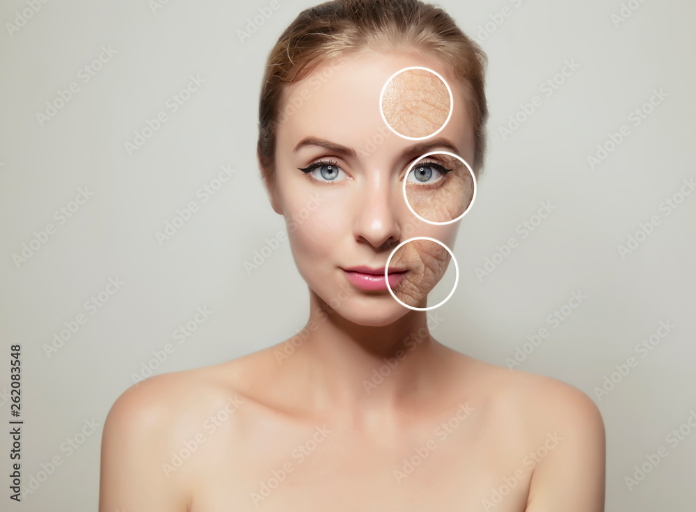 woman face divided in two halves with young and old skin - obrazy, fototapety, plakaty 