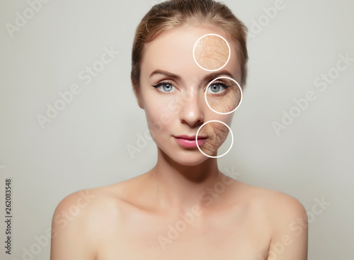 Εκτύπωση καμβά woman face divided in two halves with young and old skin