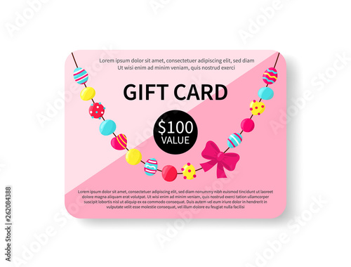 Gift card with colorful beads on white background. Accessorize gift voucher. Coupon design template. Shopping certificate. Vector Illustration