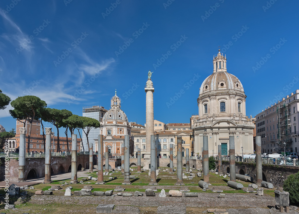 Trajan's forum in Rome, ancient ruins, buildings: Trajan's column, Santissimo Nome di Maria al Foro Traiano Church, Basilica Ulpia