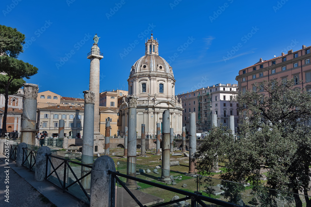 Trajan's forum in Rome, ancient ruins, buildings: Trajan's column, Santissimo Nome di Maria al Foro Traiano Church, Basilica Ulpia Trajan's forum in Rome, ancient ruins, buildings: Trajan's column, Santissimo Nome di Maria al Foro Traiano Church, Basilica Ulpia