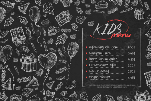 Kids birthday menu vector template, cute children birthday restaurant creative flyer, on black background. Chalk on blackboard hand drawn sketch style illustration Hand drawn vector illustration.