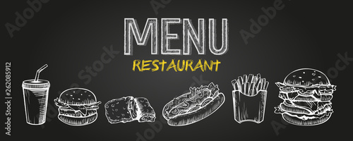 Menu poster design with chalkboard elements. Fast food menu skech style. Can be used for layout  banner  web design  brochure template. Vector illustration.