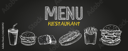 Menu poster design with chalkboard elements. Fast food menu skech style. Can be used for layout, banner, web design, brochure template. Vector illustration.
