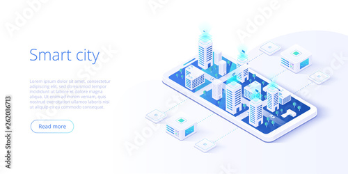 Smart city or intelligent building isometric vector concept. Building automation with computer networking illustration. Management system or BAS  background. IoT platform as future technology.