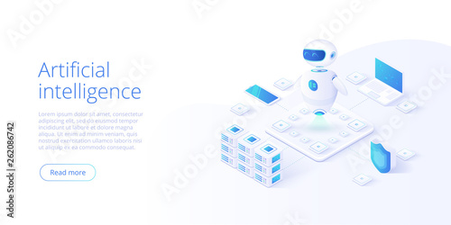 Artificial intelligence or neural network concept in isometric vector illustration. Neuronet or ai technology background with robot head and connections of neurons. Web banner layout template.