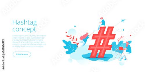 Hashtag concept in isometric vector illustration. Social media network background with people and sign. Millenials sharing or following online using gadgets. Web banner layout template.