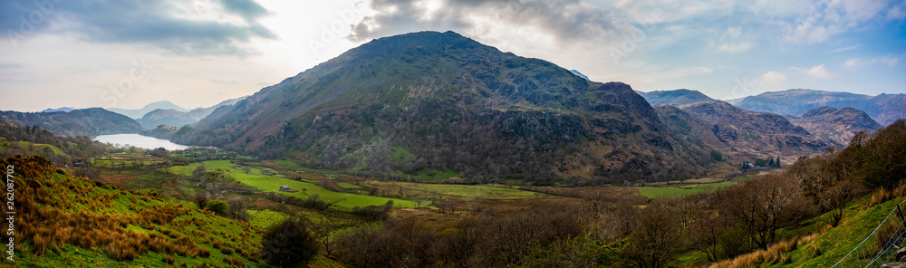 Mountain and valley landscape in Snowdonia, Wales