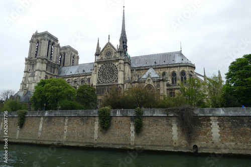 Notre Dame Cathedral side view with roof and spire, which was damaged by fire, Paris, France