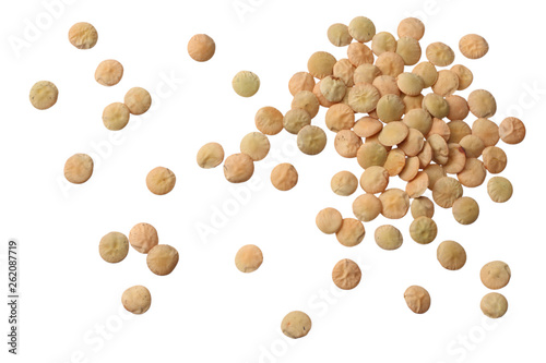 Pile lentil isolated on white background. Top view.