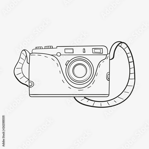 Retro camera in cartoon style outline. Single object isolated on white background