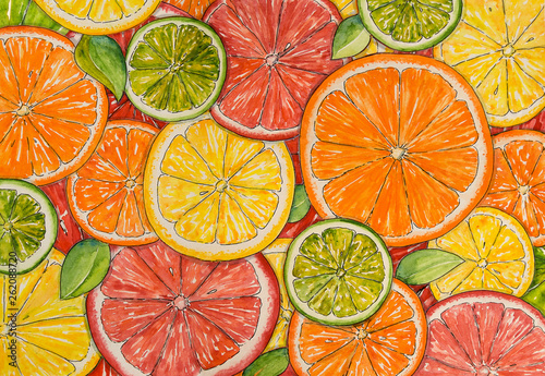 Watercolor citrus background. Paint  texture. Hand drawn oranges, lemons, limes, mandarins, grapefruits. Bright watercolor stains     