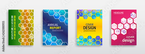 Abstract technology cover with hexagon elements. High tech brochure design concept. Futuristic business layout. Digital poster templates.