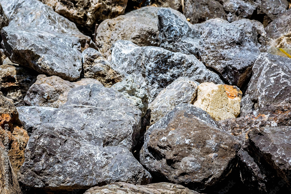 Texture. Gray Big stones. Close up of rocks on the beach