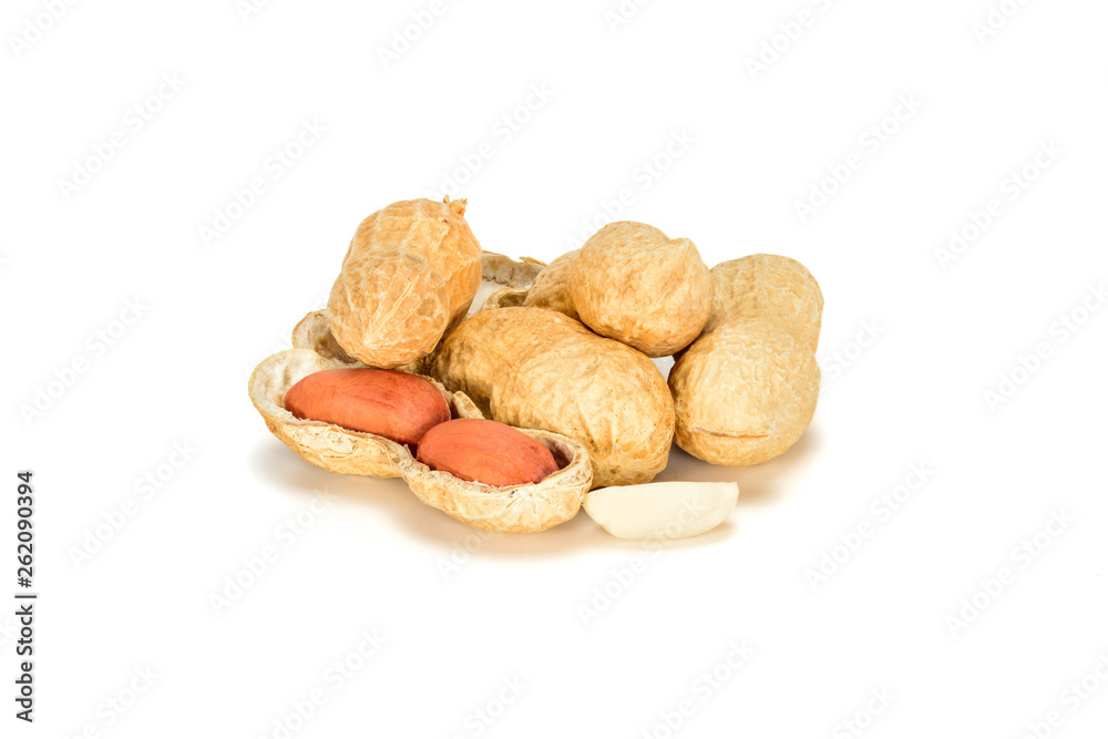 Peanuts. Four real whole nut with two kernels in shell isolated on white background. Peanut macro close up. Full depth of field. Peanuts. Four real whole nut with two kernels in shell isolated on white background. Peanut macro close up. Full depth of field.