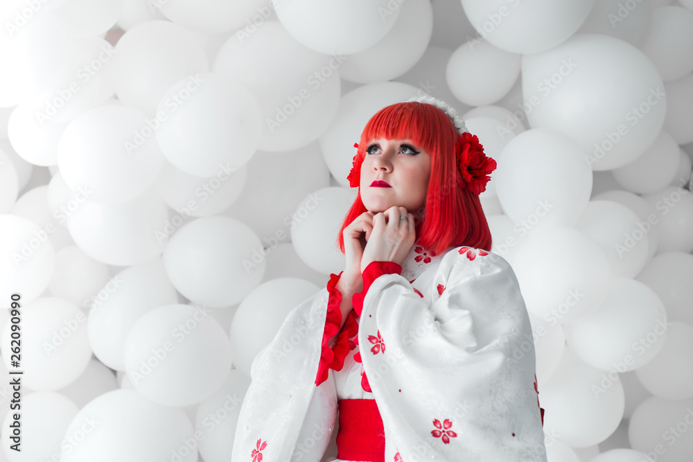 girl in kimano on the background of balls girl in kimano on the background of balls