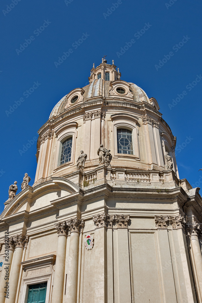 Church of the Most Holy Name of Mary at the Trajan Forum and the Trajan's Column in Rome, Italy. Chiesa del Santissimo Nome di Maria al Foro Traiano