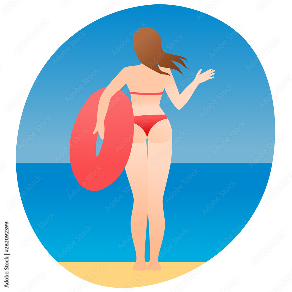 Young beautiful woman in red bikini staying on the beach at the sea with red rubber ring. Summer vacation. Vector illustration.