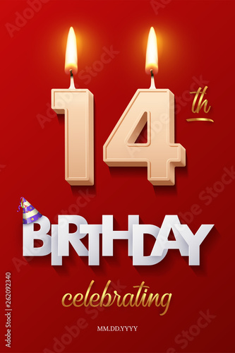 Burning Birthday candles in the form of number 14 figure and Happy Birthday celebrating text with party cane isolated on red background. Vector fourteenth Birthday invitation template.