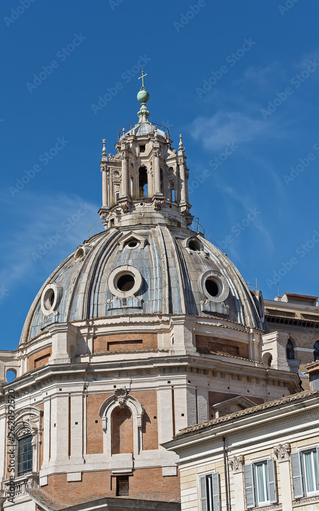 Fototapeta premium Church of the Most Holy Name of Mary at the Trajan Forum and the Trajan's Column in Rome, Italy. Chiesa del Santissimo Nome di Maria al Foro Traiano