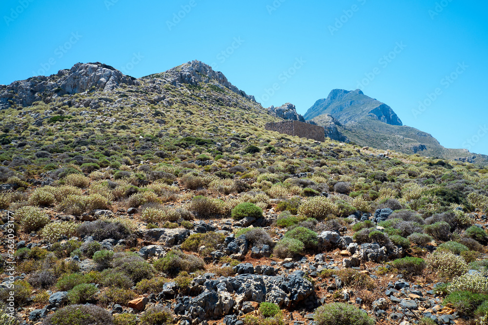Climb to the top of the mountain. Journey through dry land through thorny bushes. Greece, Crete.