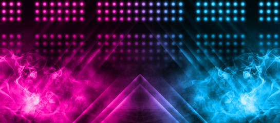 Empty background scene. Dark street, a reflection of blue and pink neon light on wet pavement. Rays of light in the dark, smoke. Night view of the street, the city. Abstract dark background.