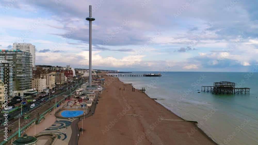 Aerial pull back view of the seafront and the beach in Brighton and Hove, Southern England (hyper lapse) Aerial pull back view of the seafront and the beach in Brighton and Hove, Southern England (hyper lapse)