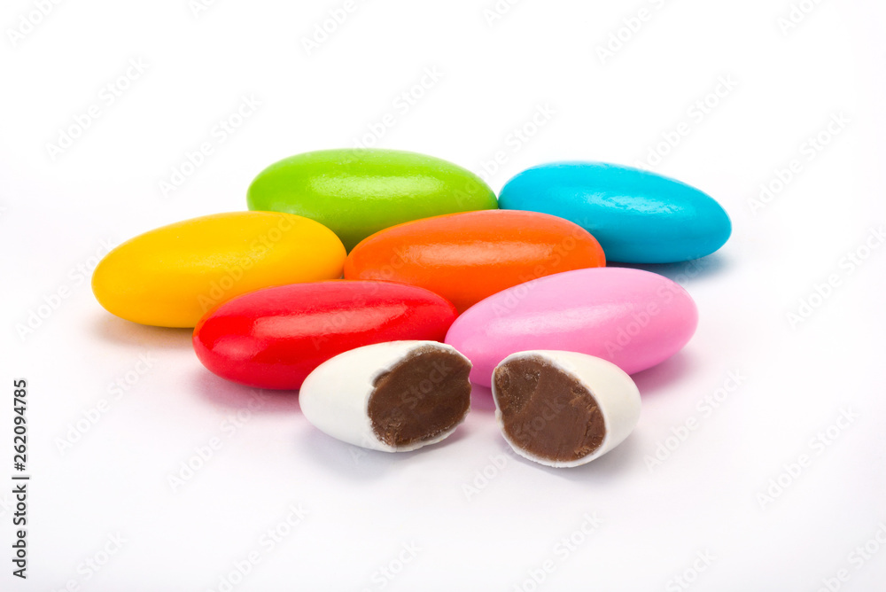 dragees with chocolate filing on white background dragees with chocolate filing on white background