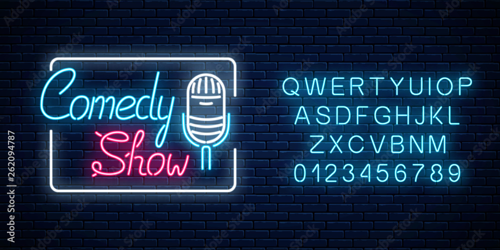 Glowing neon comedy show sign with retro microphone in rectangle frame ...