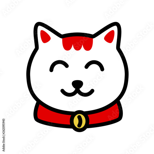 Muzzle maneki neko vector illustration. White and red lucky cartoon cat print isolated on white background