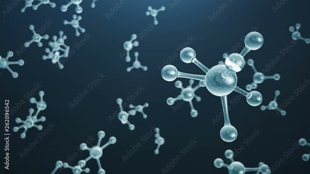 3D animation molecule structure. Scientific medical background with atoms and molecules. Blue background. Scientific animation for your banner, text. Molecule consists of atoms chemical element