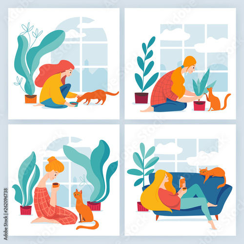 Set of four vector illustrations with girl and cat having time together. 