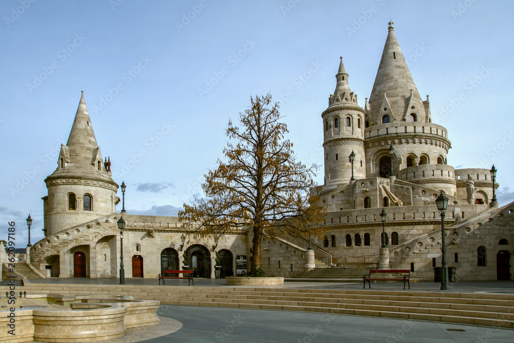 BUDAPEST, HUNGARY. On  March 10.2019. View on the Fisherman's Bastion in Budapest. Hungarian landmarks. The Fisherman's Bastion, one of the famous destinations in Hungary. Budapest. European travel. 