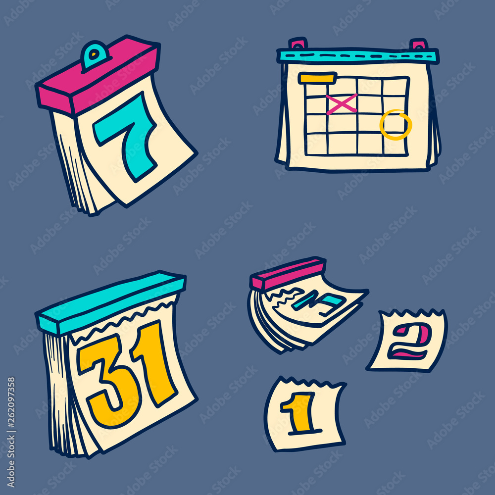 Doodle Calendar icon set. Hand drawn Cartoon set of calendar icons for your web design isolated on white background Doodle Calendar icon set. Hand drawn Cartoon set of calendar icons for your web design isolated on white background