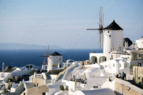 Windmills in Oia, Santorini, Greece.