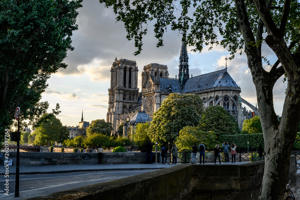Notre Dame Paris roof with the river Seine in sunset