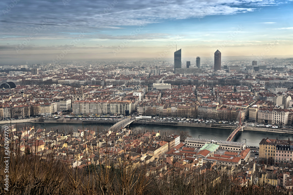 City view of Lyon at sunset, France,