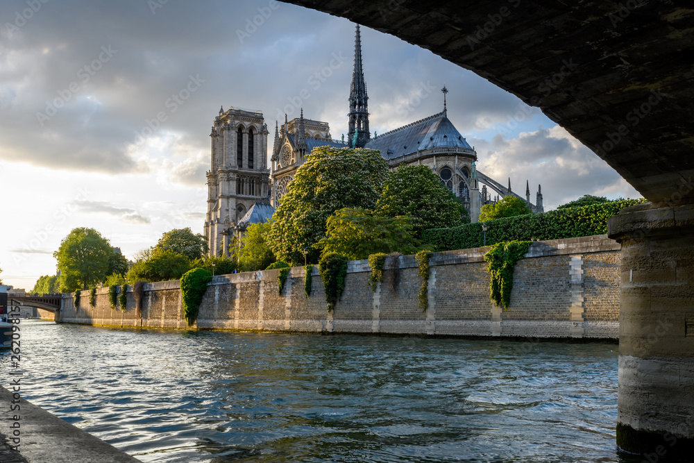 Notre Dame Paris roof with the river Seine in sunset
