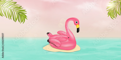 Summer vector banner design concept with pink Flamingo pool float, tropical palm leaves and ocean. Summer vacation holiday, traveling, tropical beach and sea. Vector illustration. © pipochka