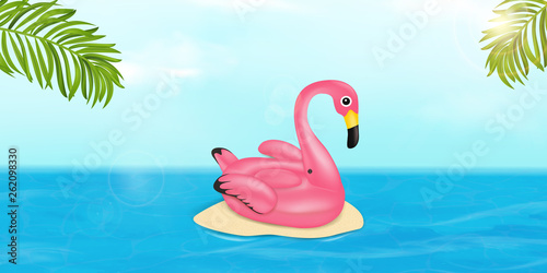 Summer vector banner design concept with pink Flamingo pool float, tropical palm leaves and ocean. Summer vacation holiday, traveling, tropical beach and sea. Vector illustration. © pipochka