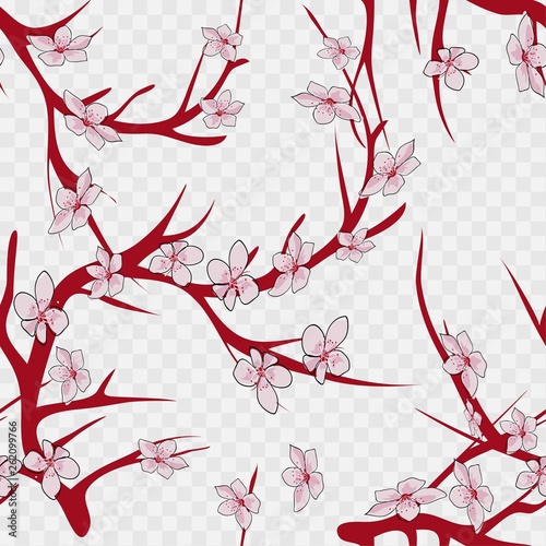Seamless background pattern of pink Sakura blossom or Japanese flowering cherry symbolic of Spring in a random arrangement square format suitable for textile. EPS 10 vector file included.