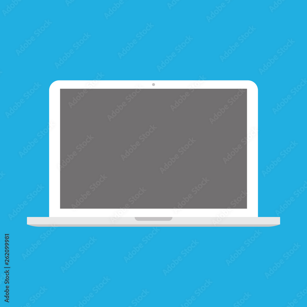 White flat style laptop with blank gray screen, isolated on blue background. White flat style laptop with blank gray screen, isolated on blue background.