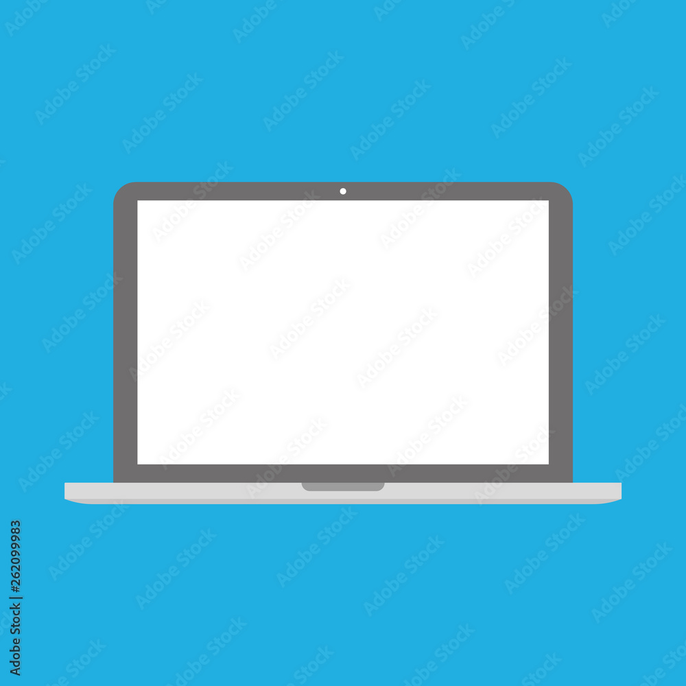 Silver notebook with white blank screen, flat style vector icon isolated on blue background. Silver notebook with white blank screen, flat style vector icon isolated on blue background.