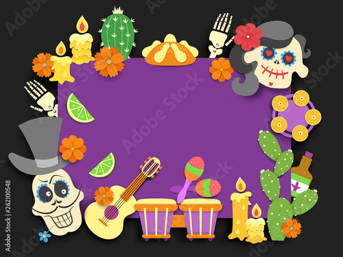 Dia de los muertos. Day of the Dead traditional mexican holiday flyer.Paper cut style flat decoration with shadow on black background. Vector illustration.