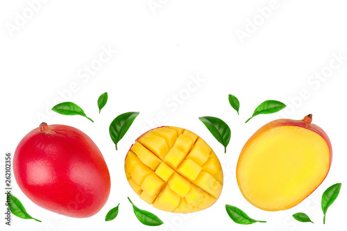 Mango fruit and half with slices isolated on white background with copy space for your text. Top view. Flat lay