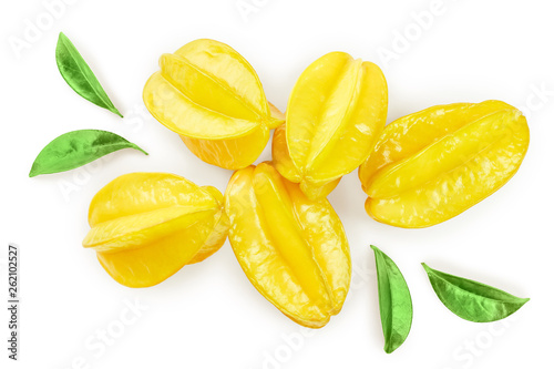 Carambola or star-fruit isolated on white background. Top view. Flat lay