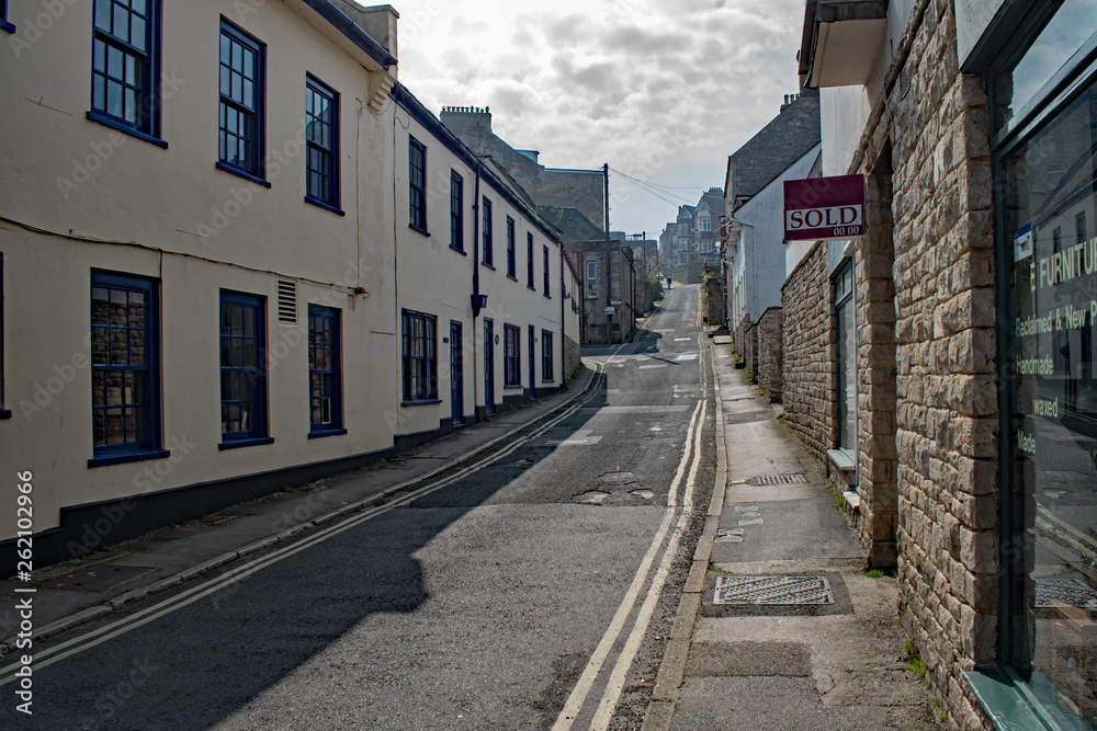The Steep narrow Street at Swanage on a bright March day