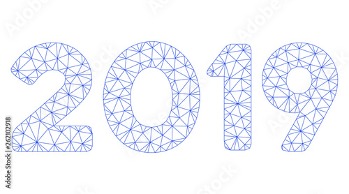 Mesh 2019 digits text polygonal 2d illustration. Abstract mesh lines and dots form triangular 2019 digits text. Wire frame 2D polygonal line network in vector format isolated on a white background.