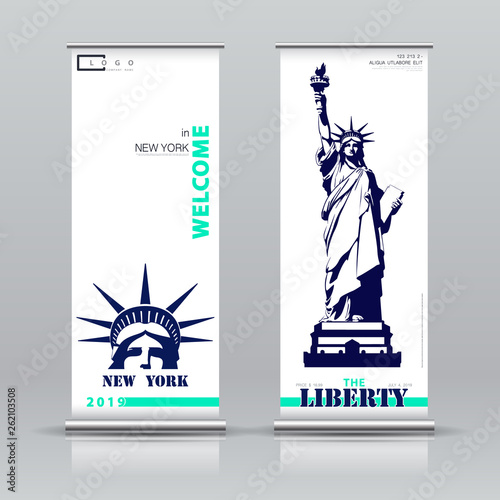 Statue of Liberty. New York. Vertical banner design Advertising sign. Flyer template vector X-banner and street business flag convenience. Information banner frame. USA. Font text. background layout